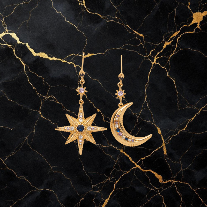 Celestial Asymmetric Star & Moon Drop Earrings